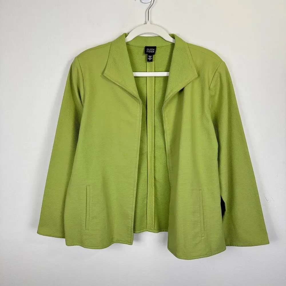 Eileen Fisher Jacket Womens Large Textured Zip Front Lightweight Lime Green